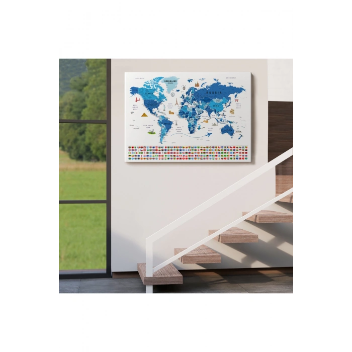 Dünya Haritası Ayrıntılı Eğitici  Sembollü Bayraklı Dekoratif Kanvas Tablo 2829