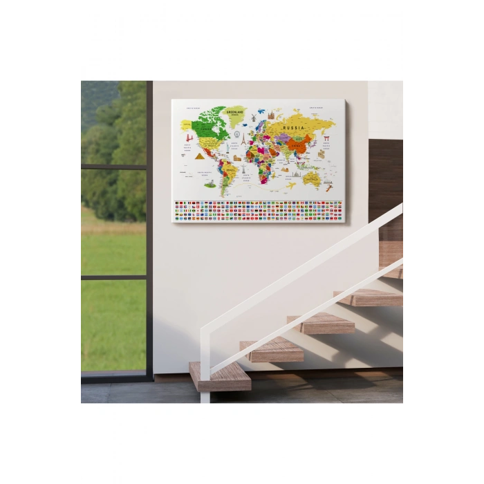 Dünya Haritası Ayrıntılı Eğitici  Sembollü Bayraklı Dekoratif Kanvas Tablo 2839