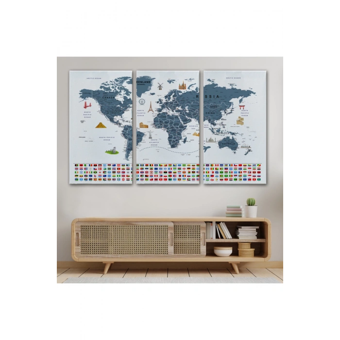 Dünya Haritası Ayrıntılı Eğitici  Sembollü Bayraklı Dekoratif Kanvas Tablo 2841