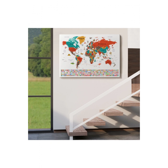 Dünya Haritası Ayrıntılı Eğitici  Sembollü Bayraklı Dekoratif Kanvas Tablo 2843