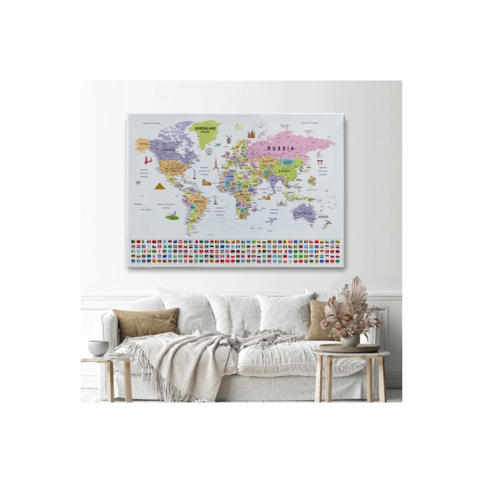 Dünya Haritası Ayrıntılı Eğitici  Sembollü Bayraklı Dekoratif Kanvas Tablo 2845