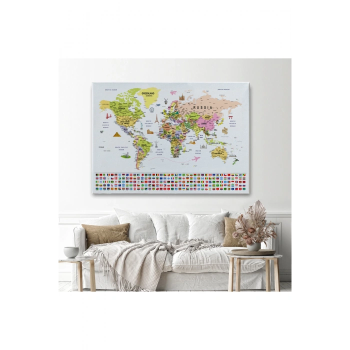 Dünya Haritası Ayrıntılı Eğitici  Sembollü Bayraklı Dekoratif Kanvas Tablo 2849