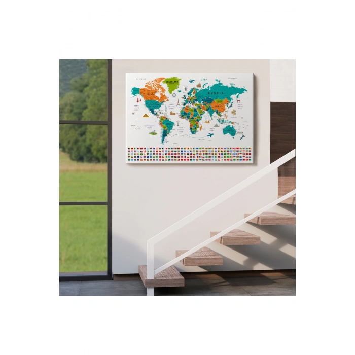 Dünya Haritası Ayrıntılı Eğitici  Sembollü Bayraklı Dekoratif Kanvas Tablo 2855