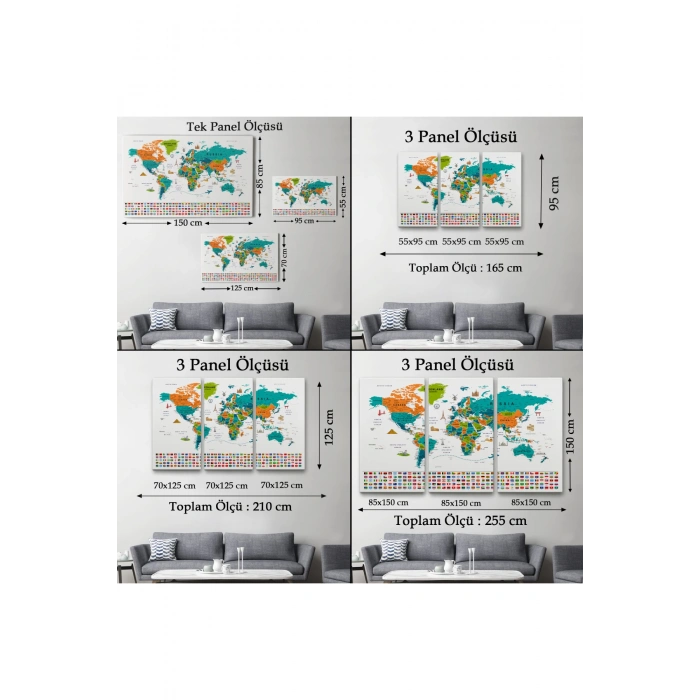 Dünya Haritası Ayrıntılı Eğitici  Sembollü Bayraklı Dekoratif Kanvas Tablo 2855