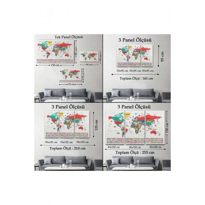 Dünya Haritası Ayrıntılı Eğitici  Sembollü Bayraklı Dekoratif Kanvas Tablo 2865