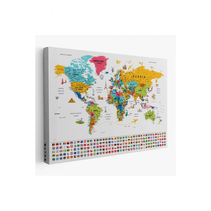 Dünya Haritası Ayrıntılı Eğitici  Sembollü Bayraklı Dekoratif Kanvas Tablo 2867