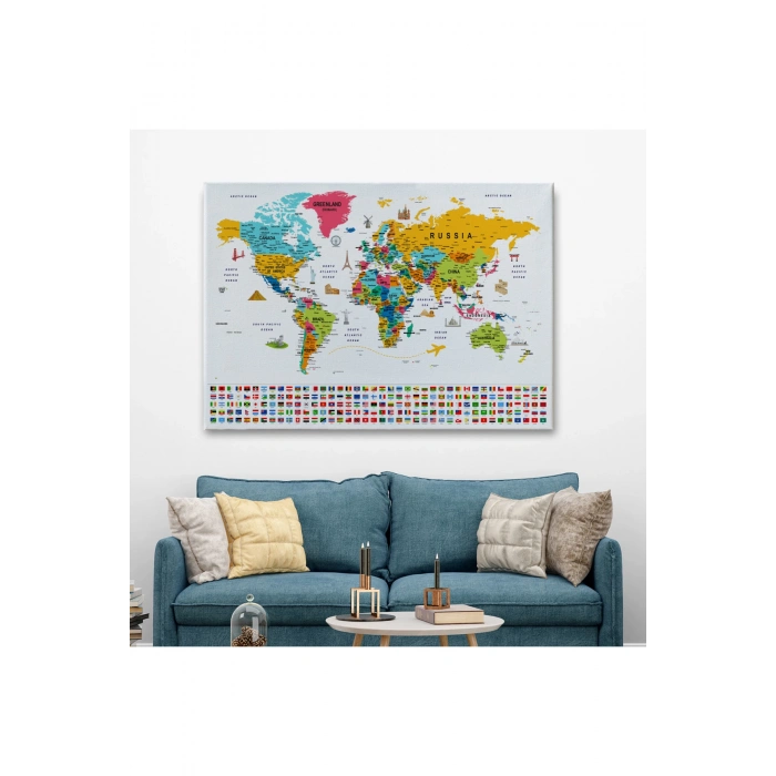 Dünya Haritası Ayrıntılı Eğitici  Sembollü Bayraklı Dekoratif Kanvas Tablo 2867