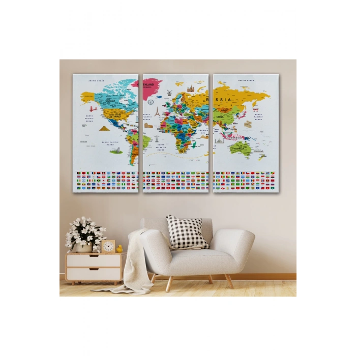 Dünya Haritası Ayrıntılı Eğitici  Sembollü Bayraklı Dekoratif Kanvas Tablo 2867