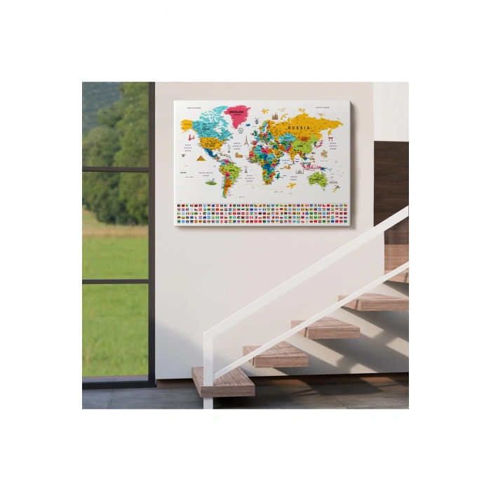 Dünya Haritası Ayrıntılı Eğitici  Sembollü Bayraklı Dekoratif Kanvas Tablo 2867