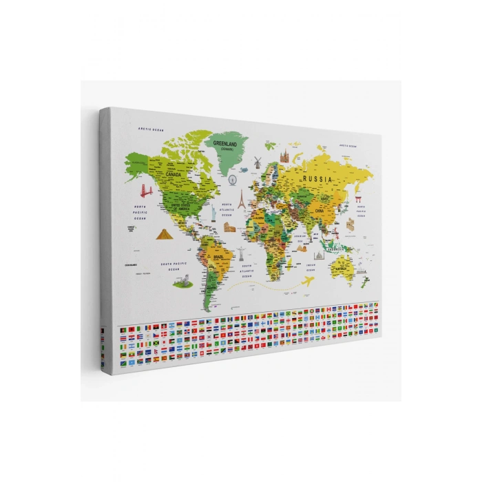 Dünya Haritası Ayrıntılı Eğitici  Sembollü Bayraklı Dekoratif Kanvas Tablo 2875