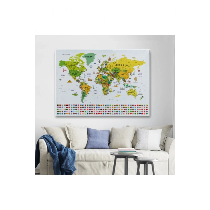 Dünya Haritası Ayrıntılı Eğitici  Sembollü Bayraklı Dekoratif Kanvas Tablo 2875