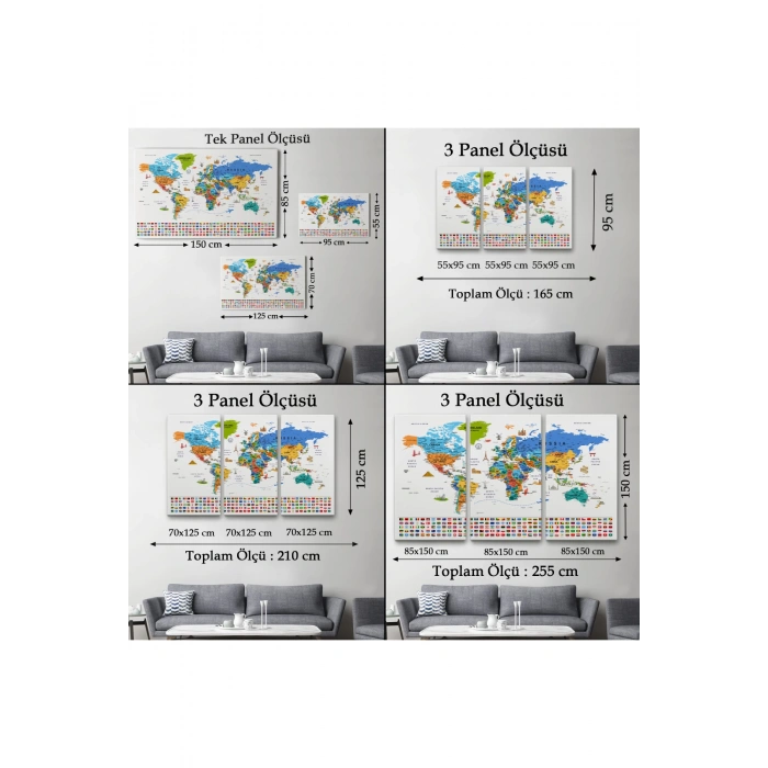 Dünya Haritası Ayrıntılı Eğitici  Sembollü Bayraklı Dekoratif Kanvas Tablo 2885