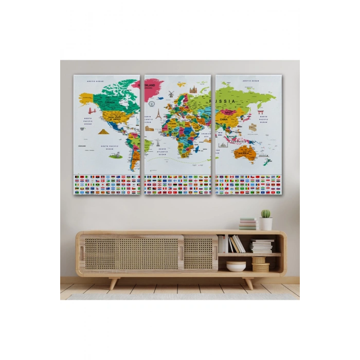 Dünya Haritası Ayrıntılı Eğitici  Sembollü Bayraklı Dekoratif Tablo2869