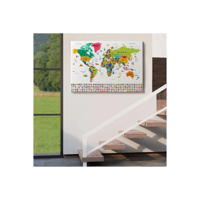 Dünya Haritası Ayrıntılı Eğitici  Sembollü Bayraklı Dekoratif Tablo2869