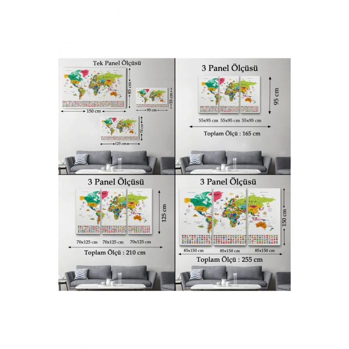 Dünya Haritası Ayrıntılı Eğitici  Sembollü Bayraklı Dekoratif Tablo2869
