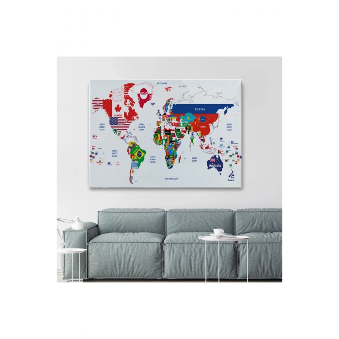 Dünya Haritası Bayrak Desenli Dekoratif Kanvas Tablo 1043