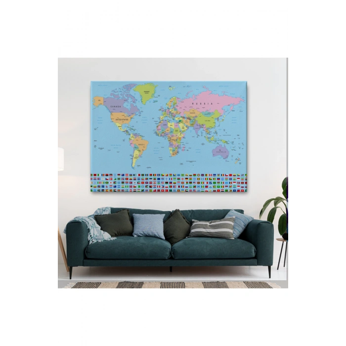 Dünya Haritası  Bayraklı Dekoratif Kanvas Tablo 1094