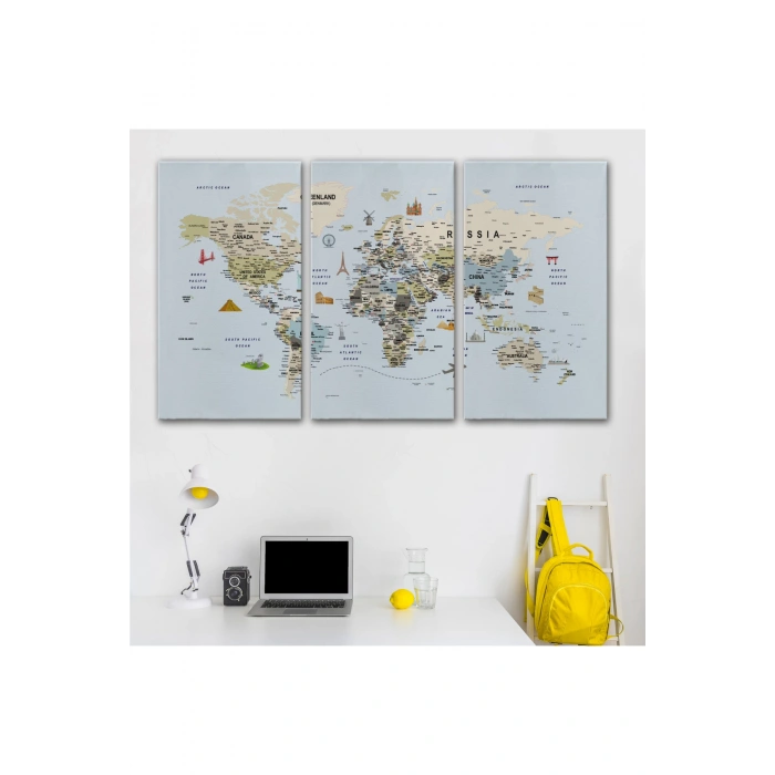 Dünya Haritası Çok Detaylı Ünlü Yerler Sembollü Kanvas Tablo 1746