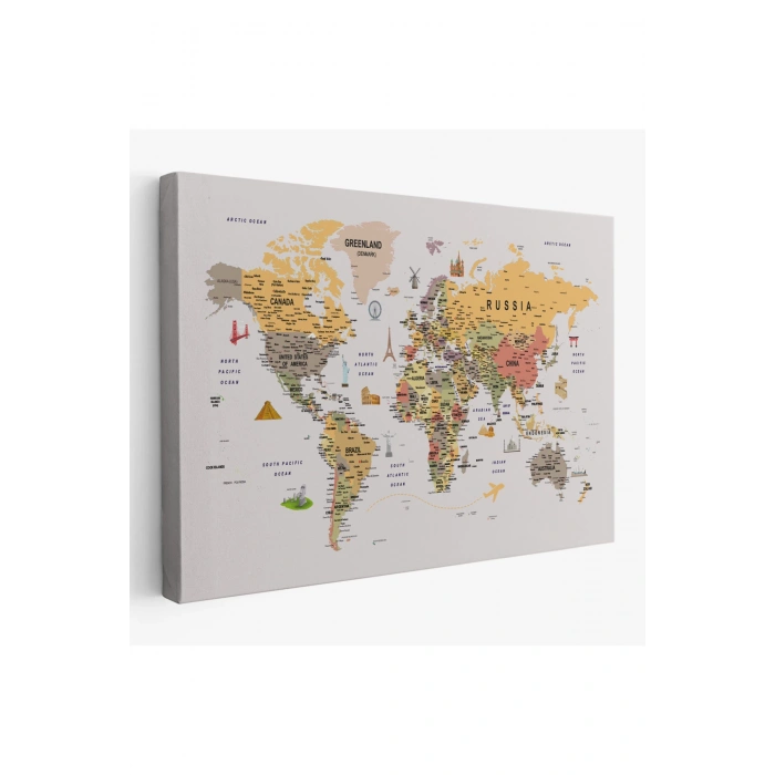 Dünya Haritası Çok Detaylı Ünlü Yerler Sembollü Kanvas Tablo 1748