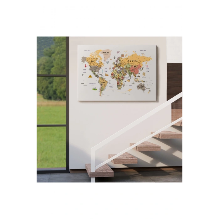 Dünya Haritası Çok Detaylı Ünlü Yerler Sembollü Kanvas Tablo 1748