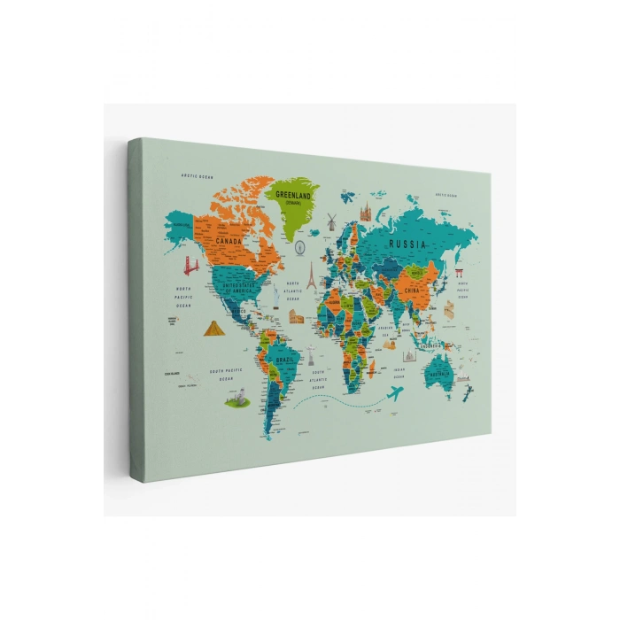 Dünya Haritası Çok Detaylı Ünlü Yerler Sembollü Kanvas Tablo 1750