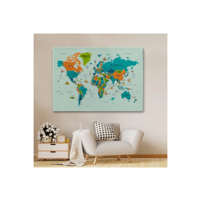 Dünya Haritası Çok Detaylı Ünlü Yerler Sembollü Kanvas Tablo 1750