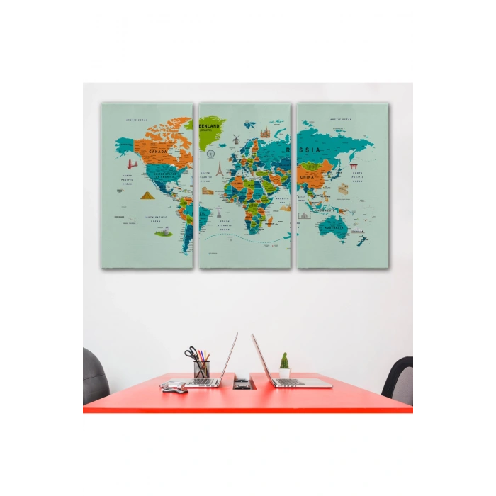 Dünya Haritası Çok Detaylı Ünlü Yerler Sembollü Kanvas Tablo 1750