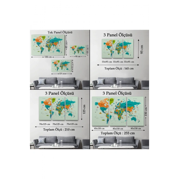 Dünya Haritası Çok Detaylı Ünlü Yerler Sembollü Kanvas Tablo 1750
