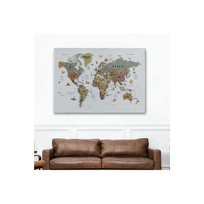 Dünya Haritası Çok Detaylı Ünlü Yerler Sembollü Kanvas Tablo 1774