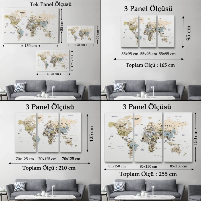 Dünya Haritası Dekoratif Kanvas Tablo Son Derece Detaylı ve Eğitici 1584