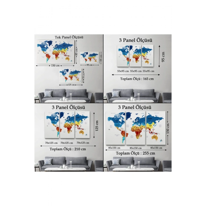 Dünya Haritası Dekoratif Kanvas Tablo Ülke ve Başkentli 1493