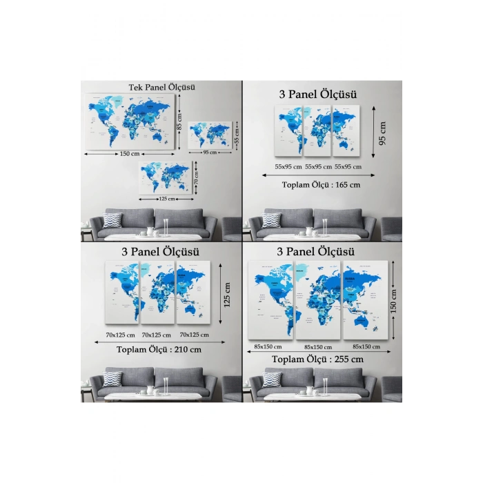 Dünya Haritası Dekoratif Kanvas Tablo Ülke ve Başkentli  1501