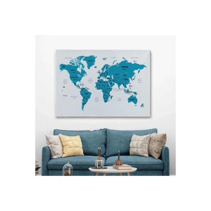 Dünya Haritası Dekoratif Kanvas Tablo Ülke ve Başkentli  1503