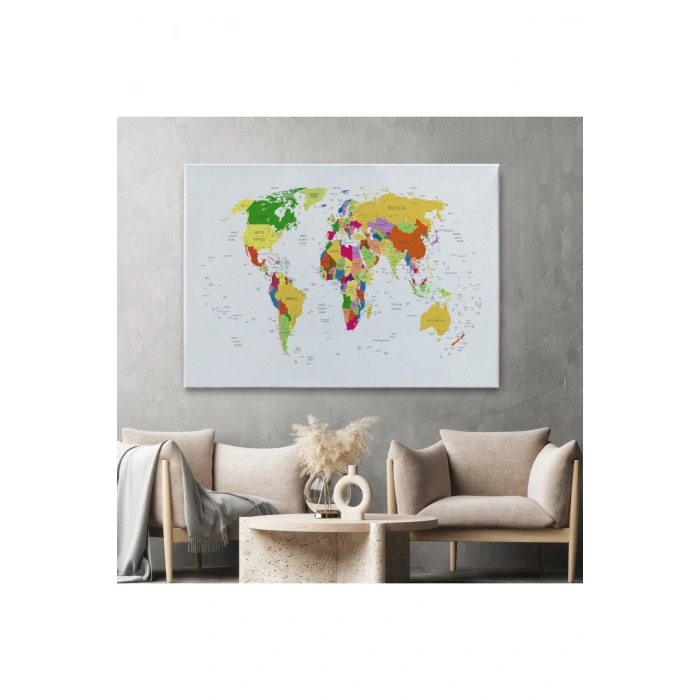 Dünya Haritası Dekoratif Kanvas Tablo Ülke ve Başkentli 1513