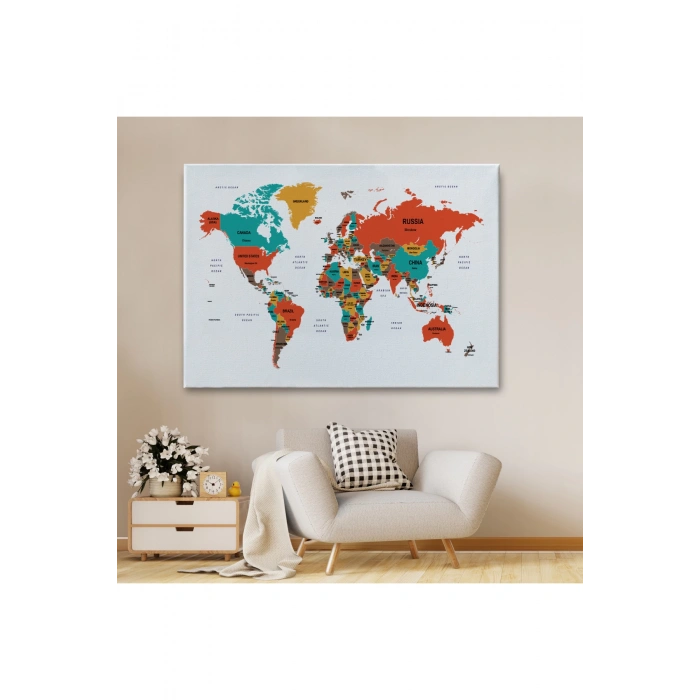 Dünya Haritası Dekoratif Kanvas Tablo Ülke ve Başkentli 1517