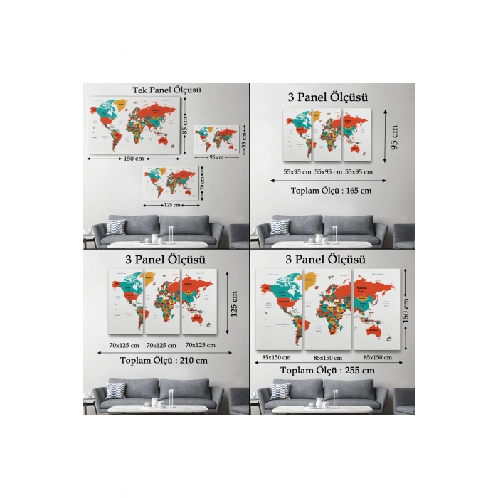Dünya Haritası Dekoratif Kanvas Tablo Ülke ve Başkentli 1517