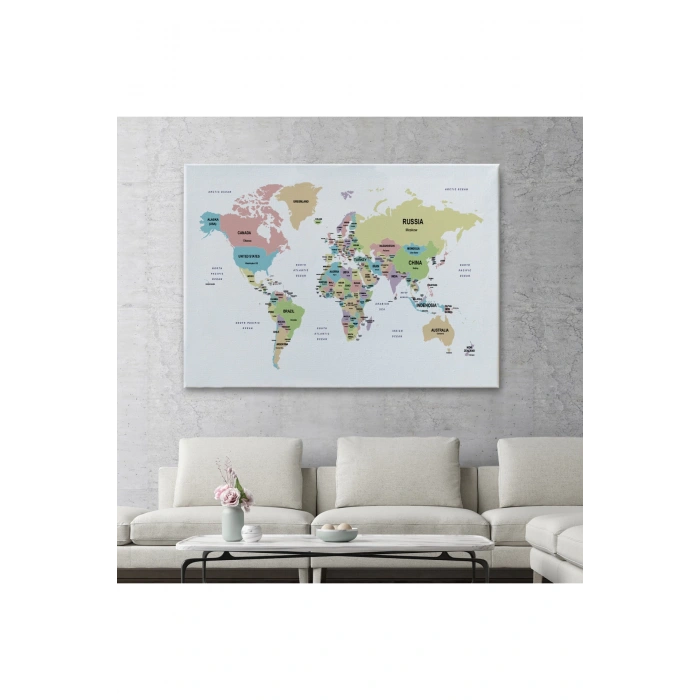 Dünya Haritası Dekoratif Kanvas Tablo Ülke ve Başkentli 1533
