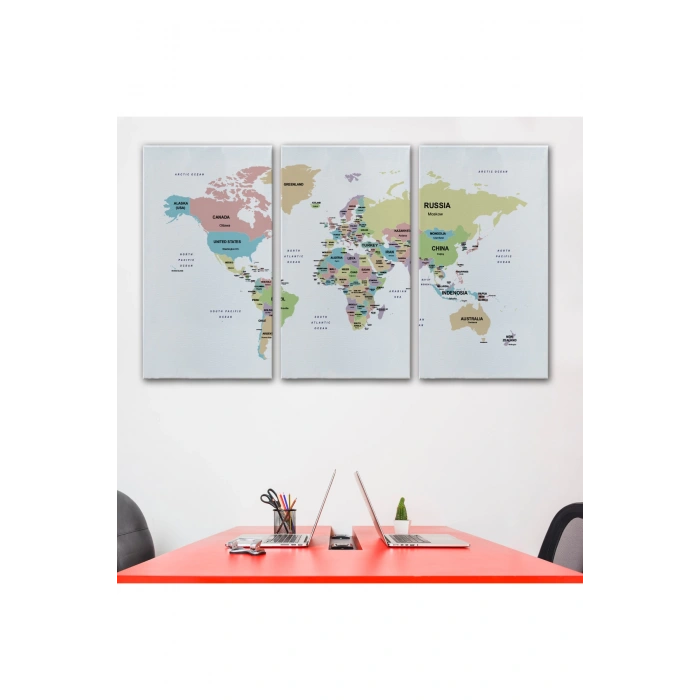 Dünya Haritası Dekoratif Kanvas Tablo Ülke ve Başkentli 1533