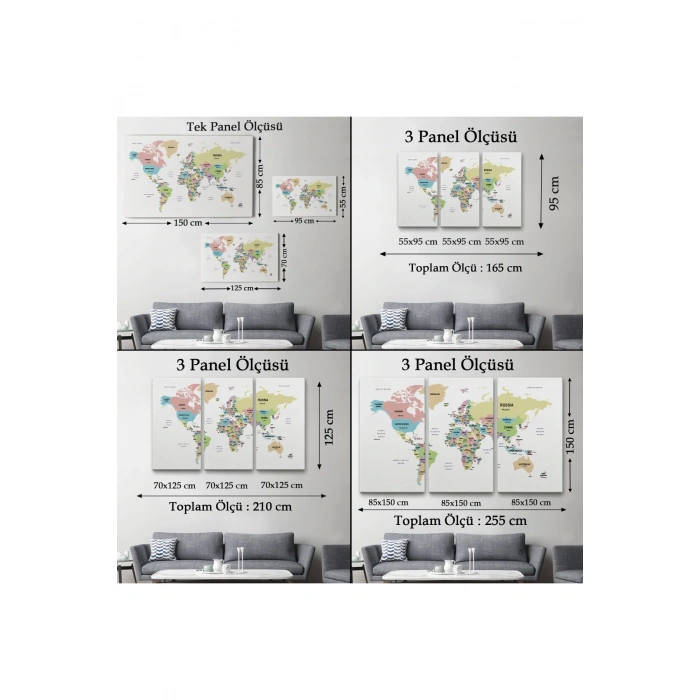 Dünya Haritası Dekoratif Kanvas Tablo Ülke ve Başkentli 1533