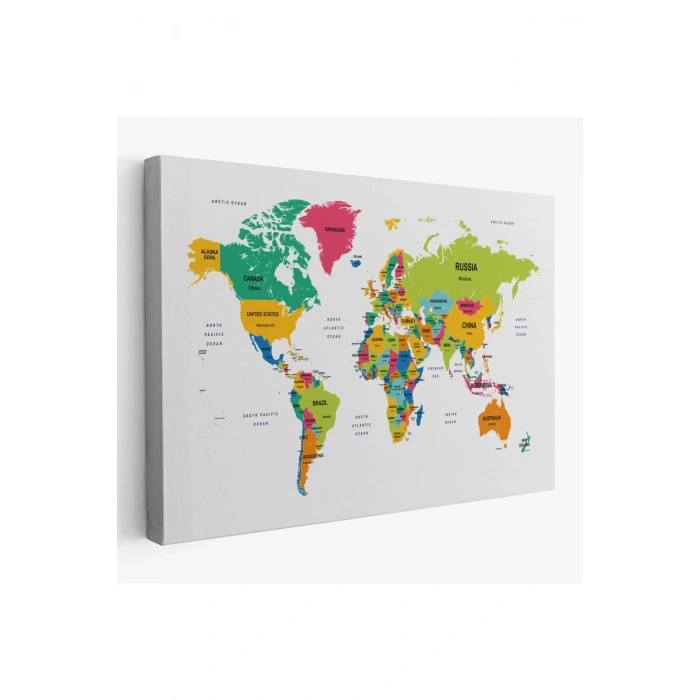 Dünya Haritası Dekoratif Kanvas Tablo Ülke ve Başkentli 1545