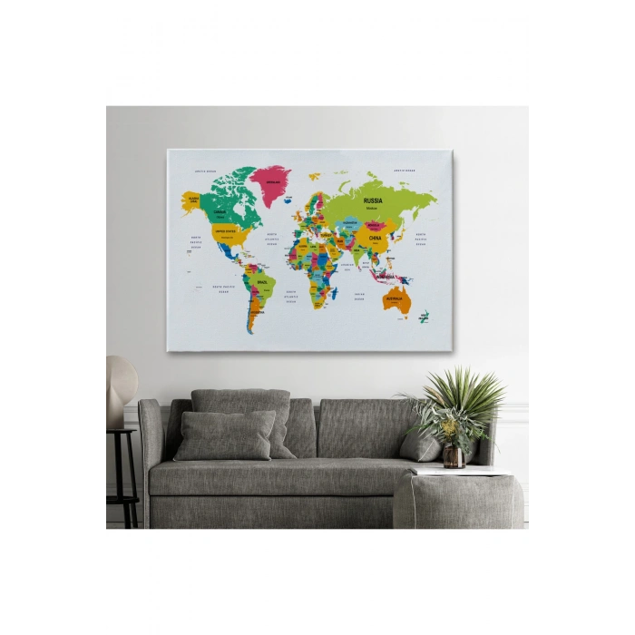 Dünya Haritası Dekoratif Kanvas Tablo Ülke ve Başkentli 1545