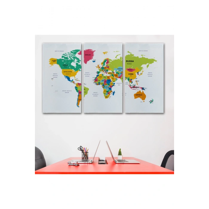Dünya Haritası Dekoratif Kanvas Tablo Ülke ve Başkentli 1545