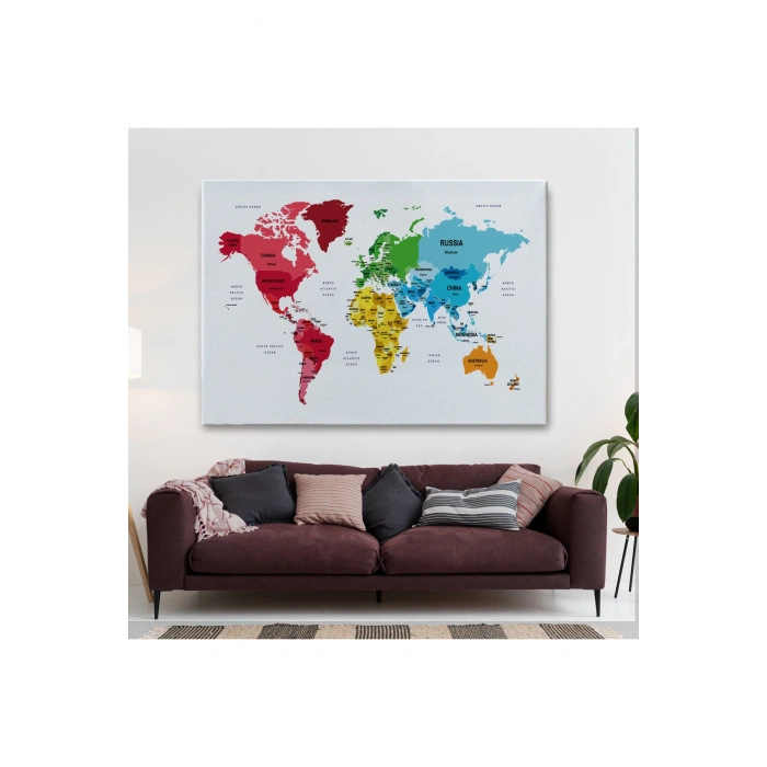 Dünya Haritası Dekoratif Kanvas Tablo Ülke ve Başkentli 1553