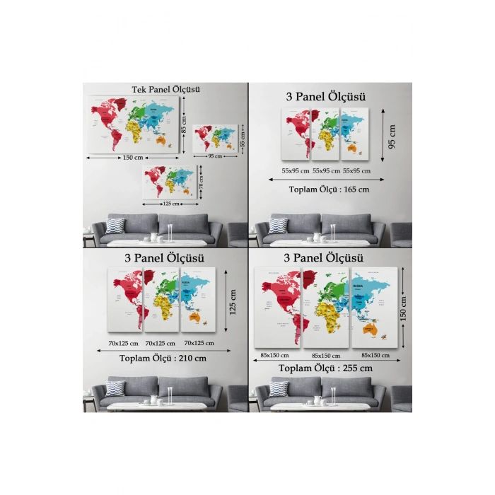 Dünya Haritası Dekoratif Kanvas Tablo Ülke ve Başkentli 1553