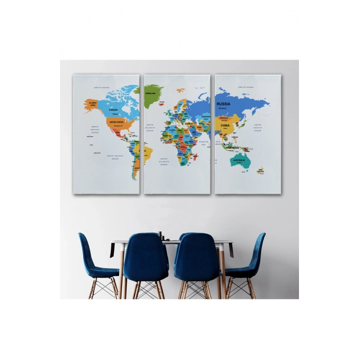 Dünya Haritası Dekoratif Kanvas Tablo Ülke ve Başkentli 1561