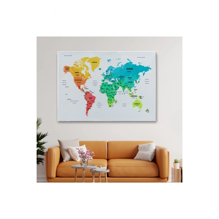 Dünya Haritası Dekoratif Kanvas Tablo Ülke ve Başkentli 1563
