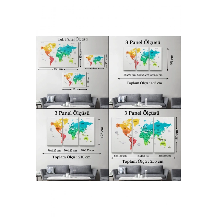 Dünya Haritası Dekoratif Kanvas Tablo Ülke ve Başkentli 1563
