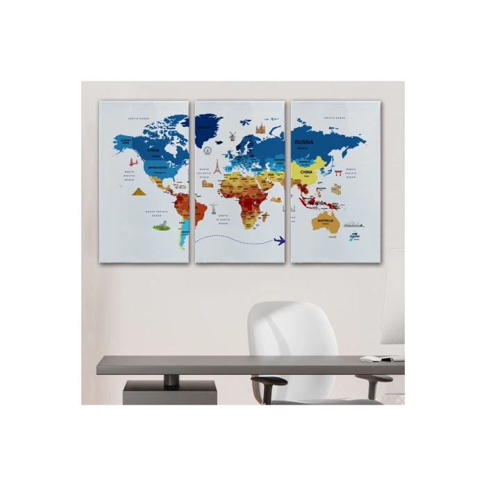 Dünya Haritası Dekoratif Kanvas Tablo Ülke ve Başkentli Öğretici ve Sembollü 2267
