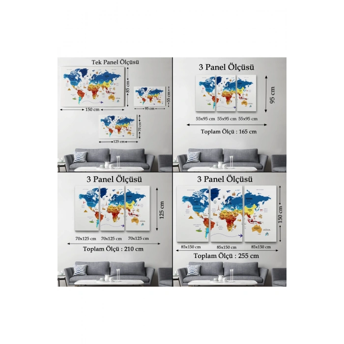 Dünya Haritası Dekoratif Kanvas Tablo Ülke ve Başkentli Öğretici ve Sembollü 2267