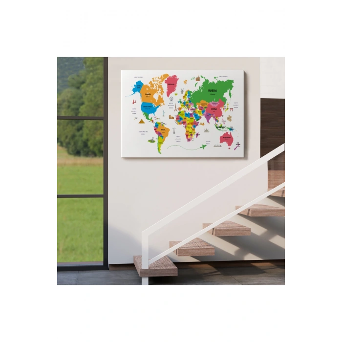 Dünya Haritası Dekoratif Kanvas Tablo Ülke ve Başkentli Öğretici ve Sembollü 2273